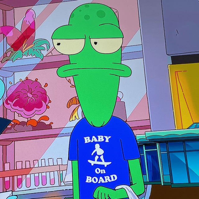 Terry's shirt in solar opposites that says Baby on Board.