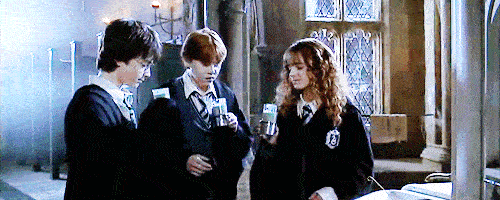 Harry, Ron, and Hermione drinking polyjuice potion.